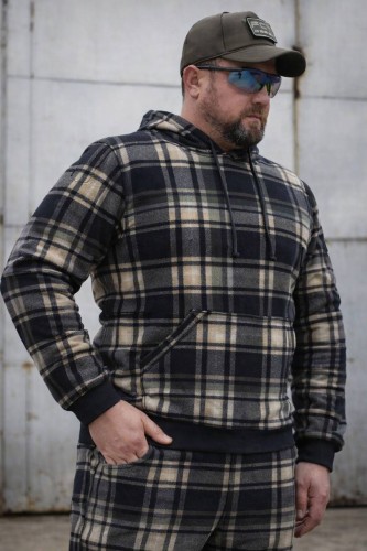 Кофта флис кенгуру в клетку Зелено-черная-белая 44