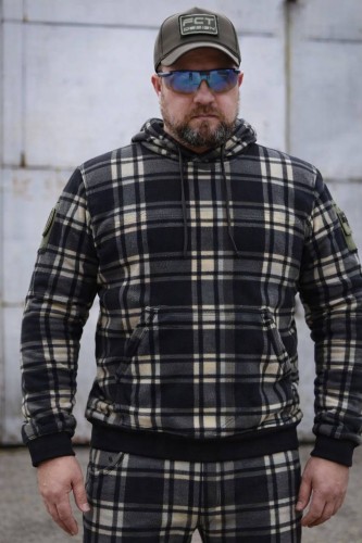 Кофта флис кенгуру в клетку Зелено-черная-белая 44