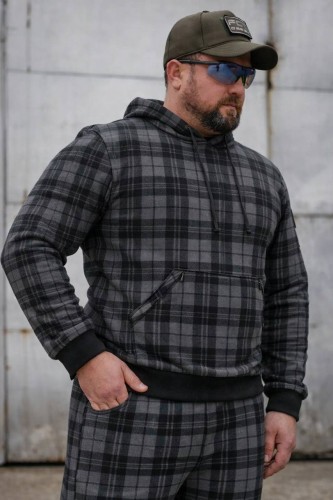 Кофта флис кенгуру в клетку Темно-серая 44