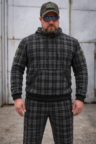 Кофта флис кенгуру в клетку Темно-серая 44