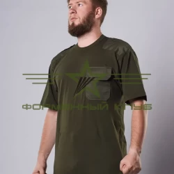 Футболка зеленая хаки с погонами и нагрудным карманом