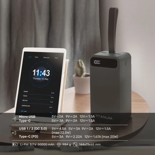 Повербанк 50000mAh TITANUM 741S 22.5W Чорний