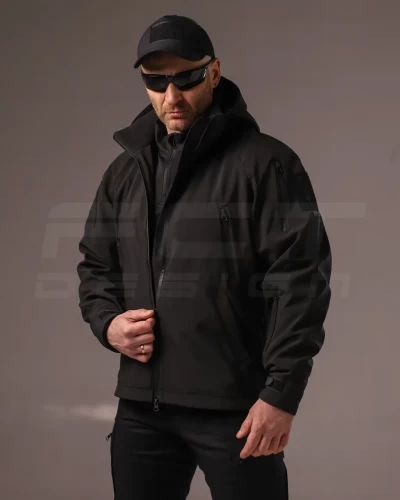 Куртка тактическая Хантер Софтшелл черная на сетке 40-42/3