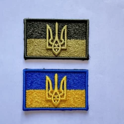 Прапорець на рукав тризуб вишитий на липучці хакі та жовто-блакитний