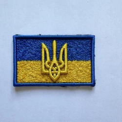Прапорець на рукав тризуб вишитий на липучці хакі та жовто-блакитний